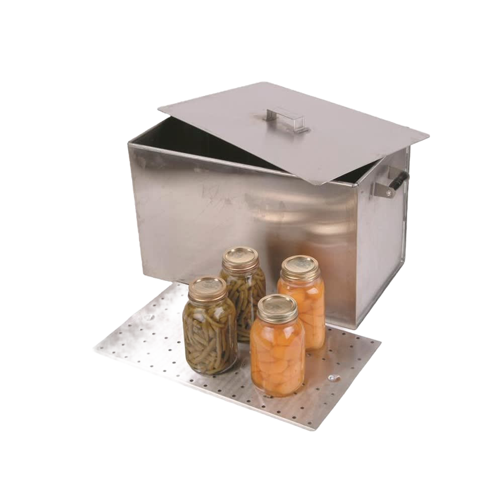 Spacious stainless steel stovetop water bath canner with lid, rack, and four jars for preserving vegetables and fruits, Kitchenware collections