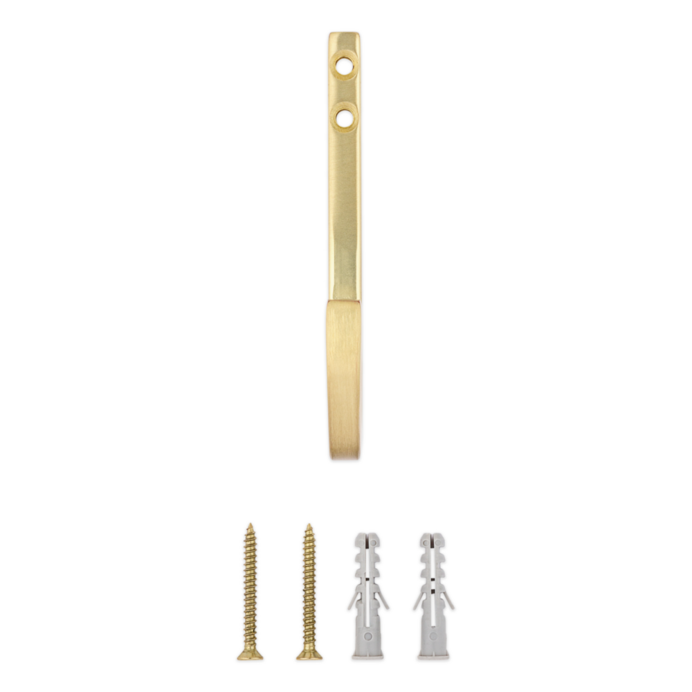 Single brushed gold steel reed hook with mounting screws and drywall anchors for versatile home storage under $50 projects