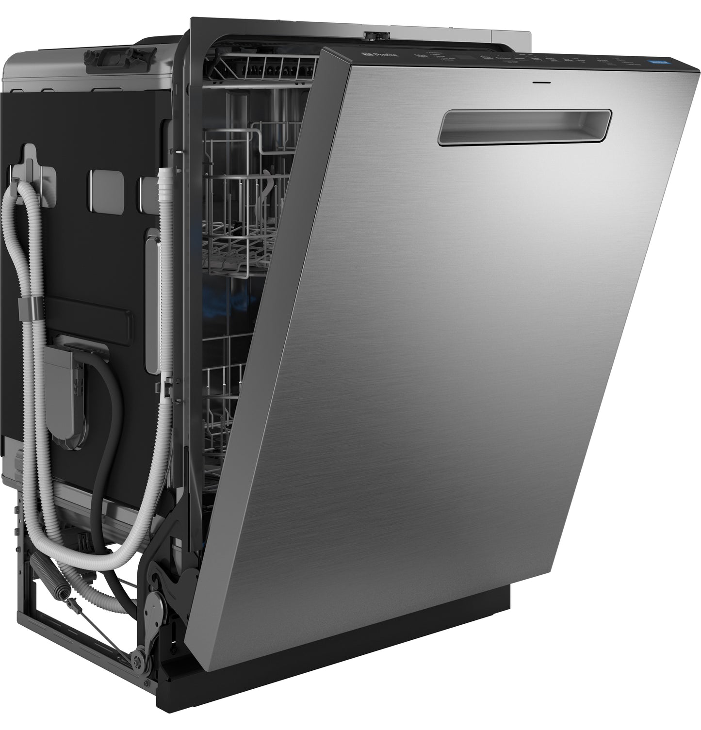 Fingerprint resistant stainless steel dishwasher with top control and open door showing interior racks and hoses from side view