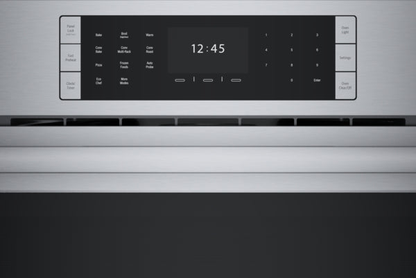Close-up of digital control panel on stainless steel single wall oven from Bosch appliances collection