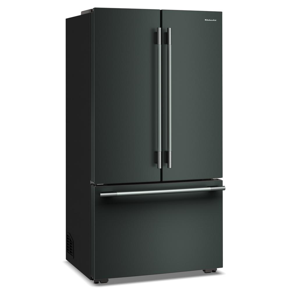 Counter-depth matte black French door refrigerator with stainless steel handles and bottom freezer drawer from KitchenAid collection