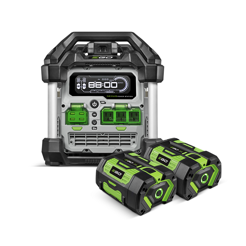 Compact black and green portable power station with digital display and two matching rechargeable batteries for tool accessories