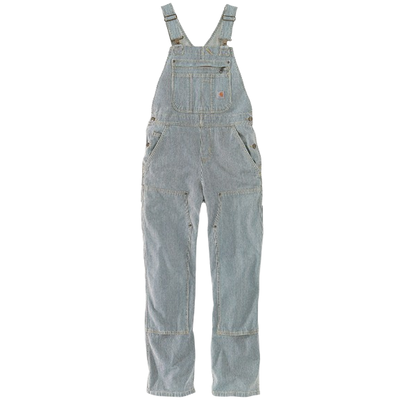 Women's relaxed fit denim bib overall in railroad stripe pattern made from 10-ounce cotton twill with Rugged Flex stretch