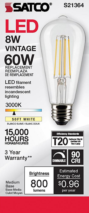 Clear vintage-style LED filament bulb with medium base, soft white light, dimmable, energy-efficient home lighting option under $50