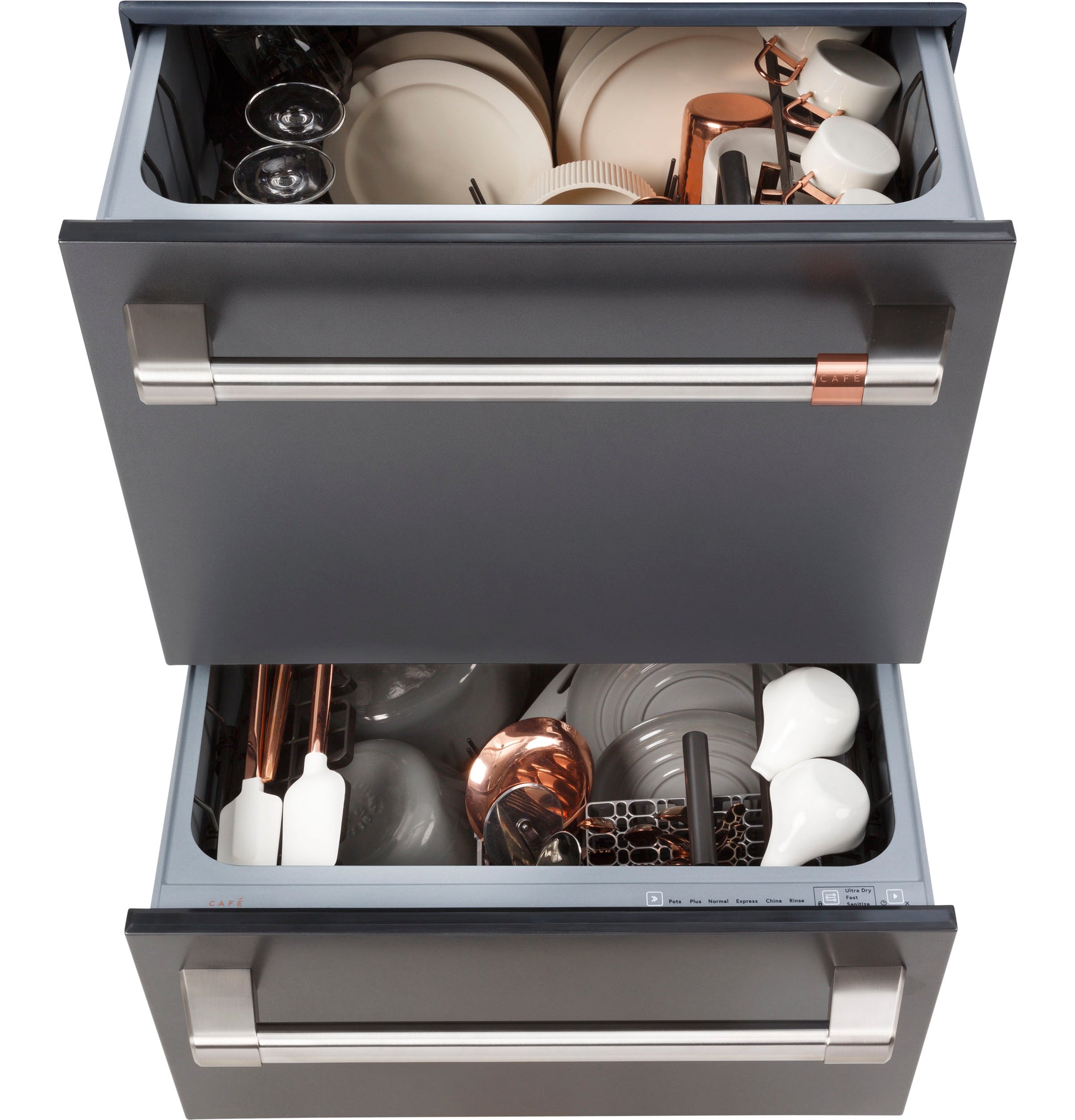 Open double drawer dishwasher with dark finish and metallic handle, featuring dishes and cookware inside from built-in dishwashers collection
