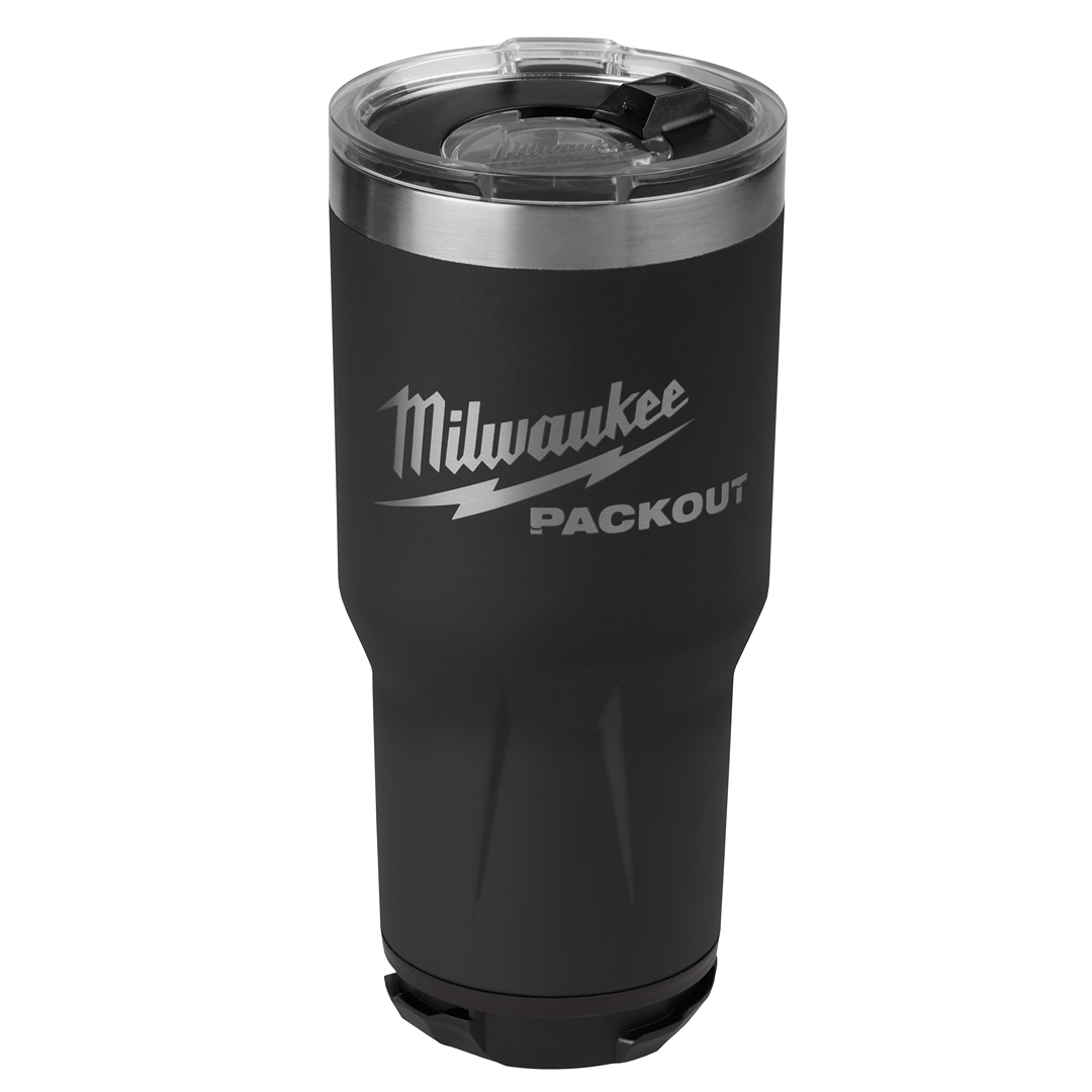 Black insulated 30oz tumbler with clear lid and Milwaukee PACKOUT logo for tools and home improvement use