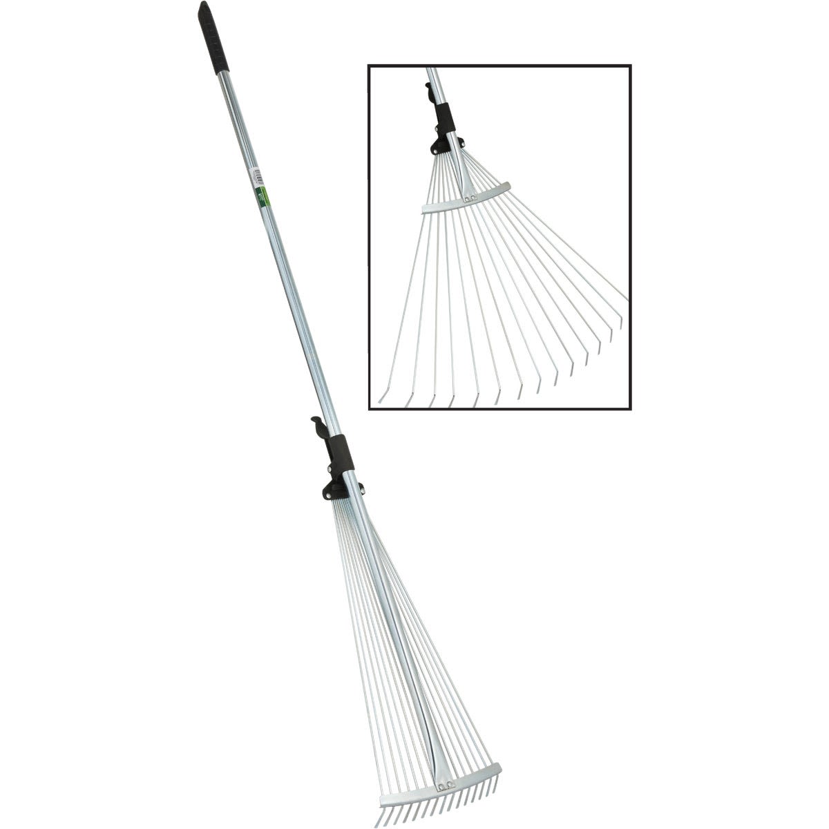 Adjustable steel garden rake with wide head and ergonomic grip for efficient leaf collecting and outdoor hand tool use