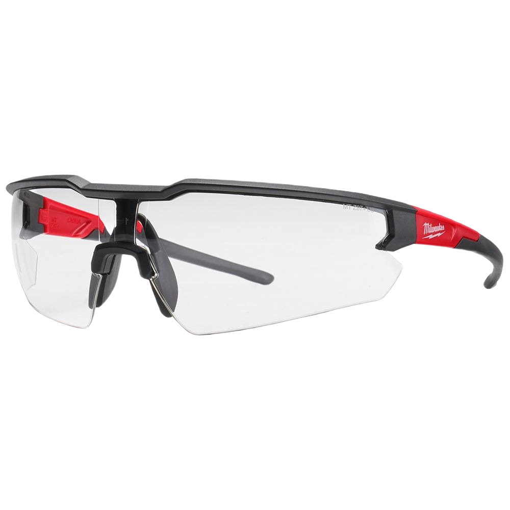 Clear lens safety glasses with black frame and red accents for protective eyewear and safety gear use