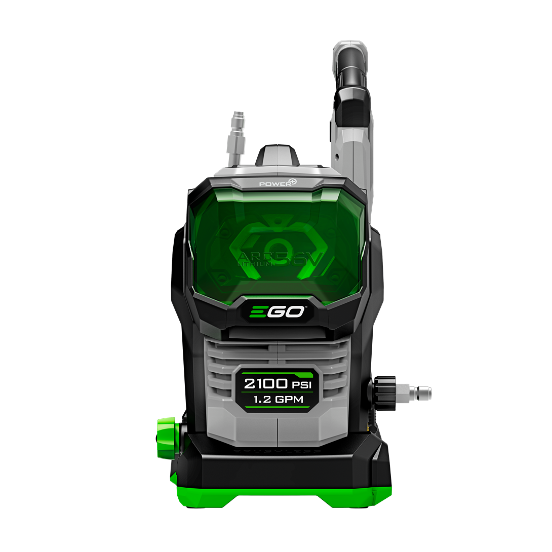 Front view of compact cordless pressure washer with green transparent battery casing and gray body for home improvement tasks