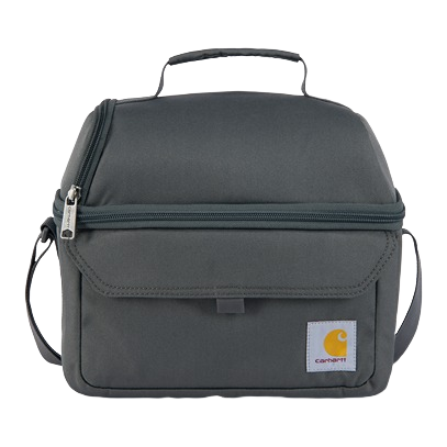 Compact insulated lunch cooler in dark gray with two compartments and carrying handle for easy transport