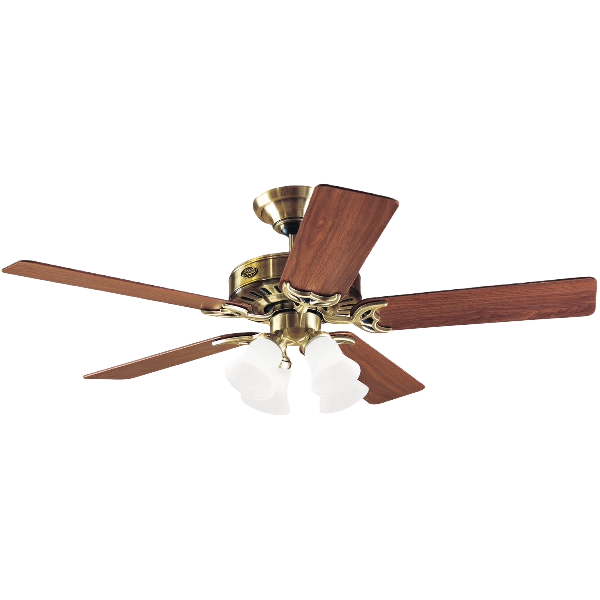 Antique brass ceiling fan with five wood blades and integrated light kit for living room and bedroom decor