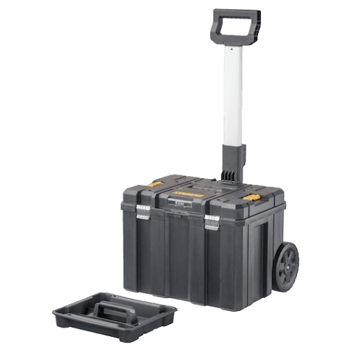 Black rolling tool storage box with telescoping handle and removable top tray, suitable for workshop organization and tool storage