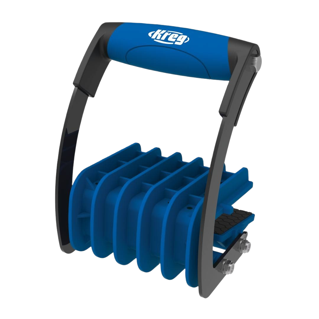 Blue and black clamp-style panel carrier tool with ergonomic handle for woodworking accessories and home improvement tasks