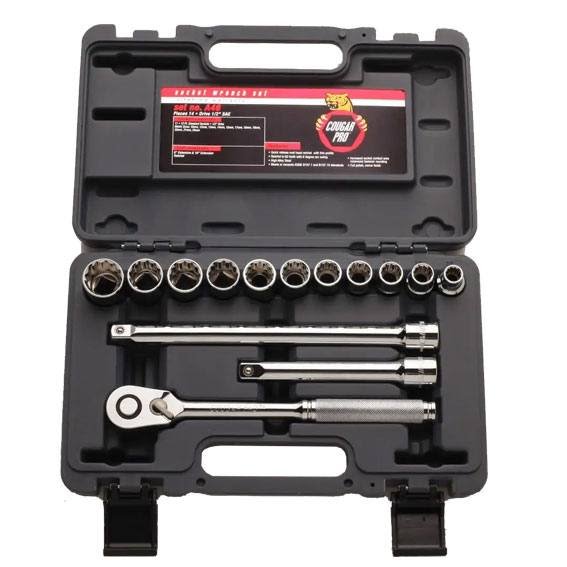 14-piece socket set with 1/2 inch drive in molded case, ideal for hand tools and woodworking applications
