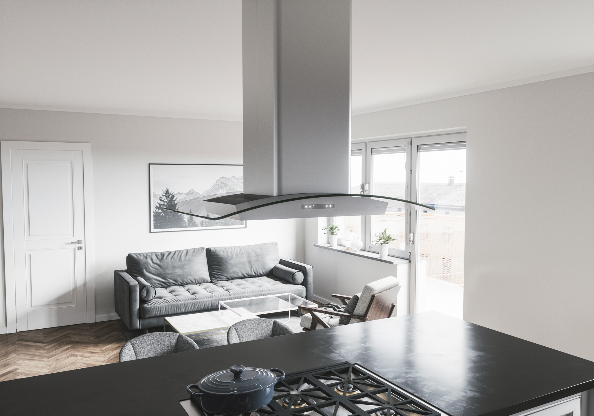 Stainless steel island range hood with curved glass canopy and LED lighting in modern kitchen and home improvement setting