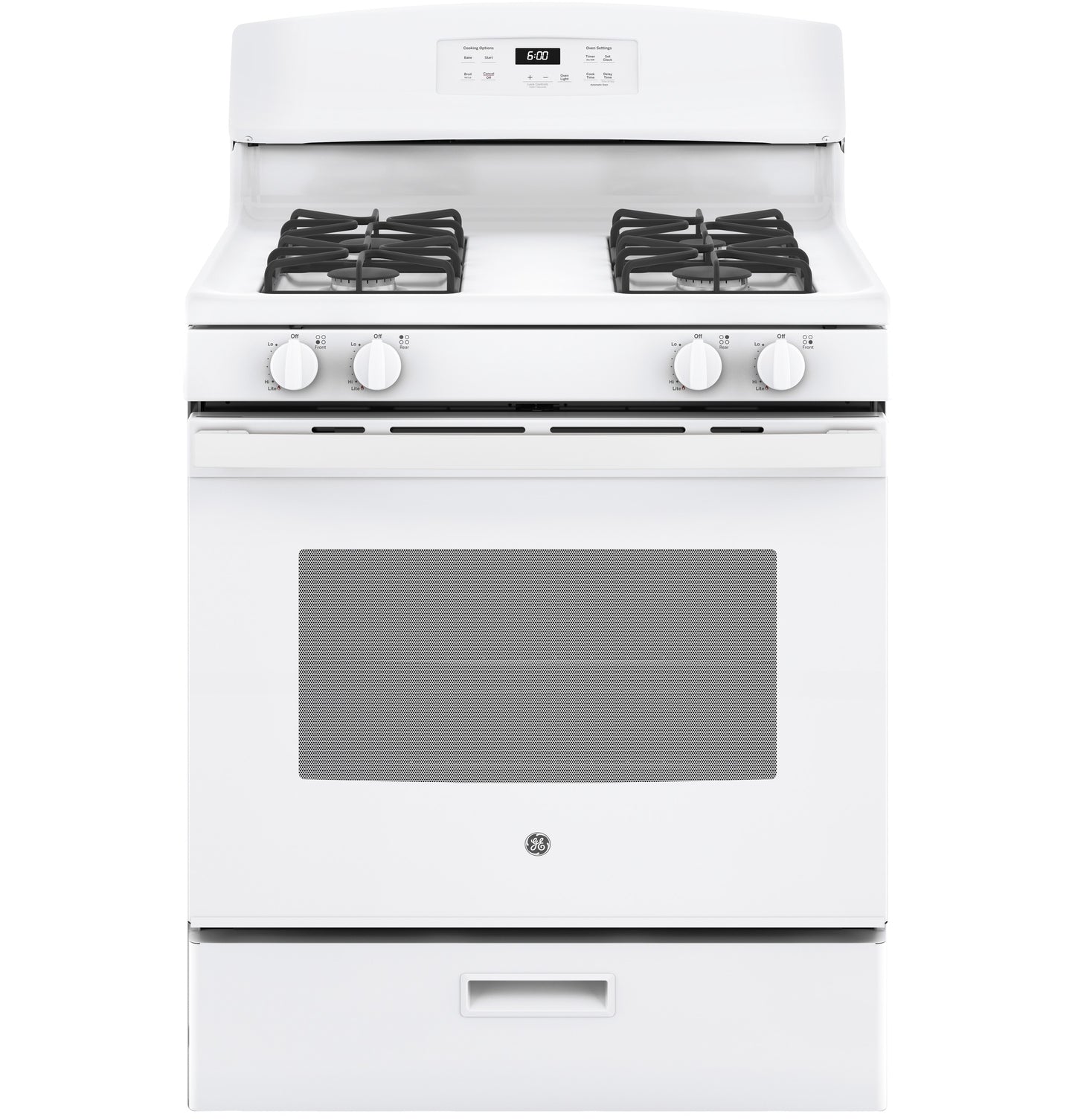 White free-standing gas range with four burners and digital display from Ranges and Kitchen & Kitchenware collections