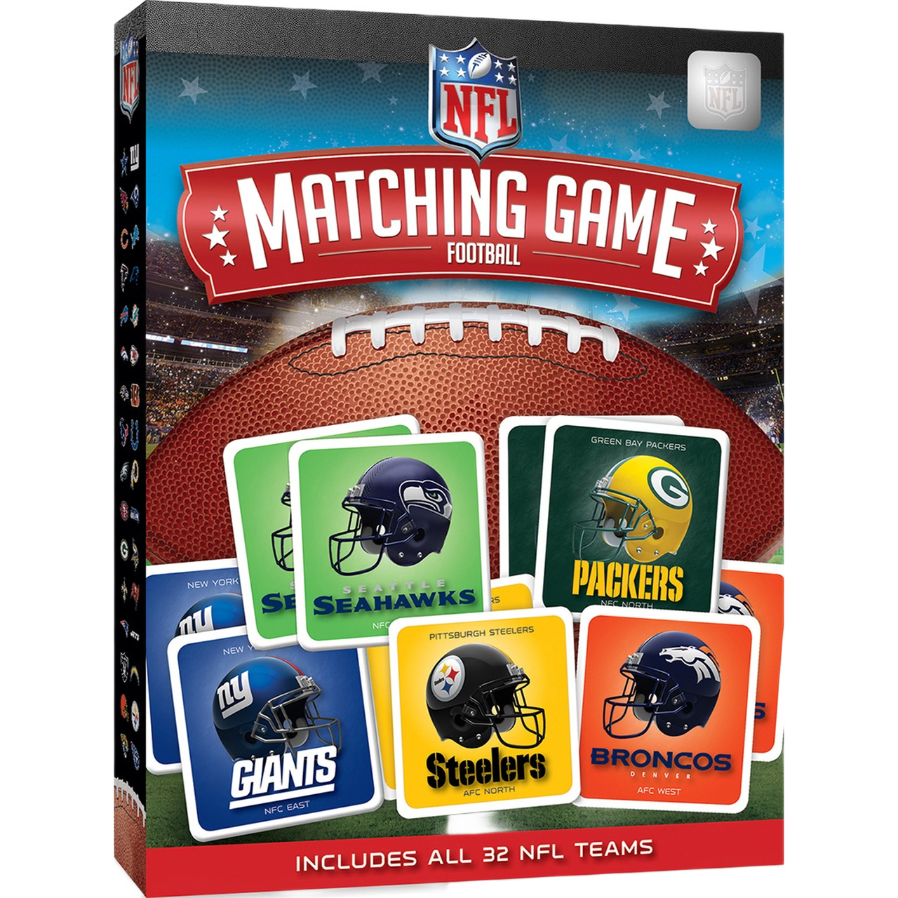 Boxed NFL football matching card game featuring team helmet images from all 32 teams on colorful cards