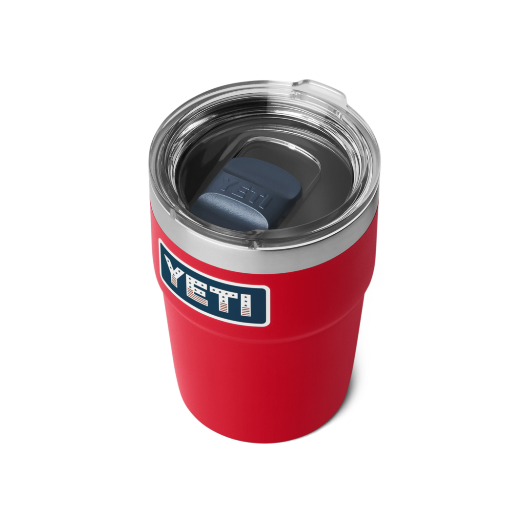 Red insulated 16 oz stackable cup with clear lid and navy slider for drinkware and kitchenware collections