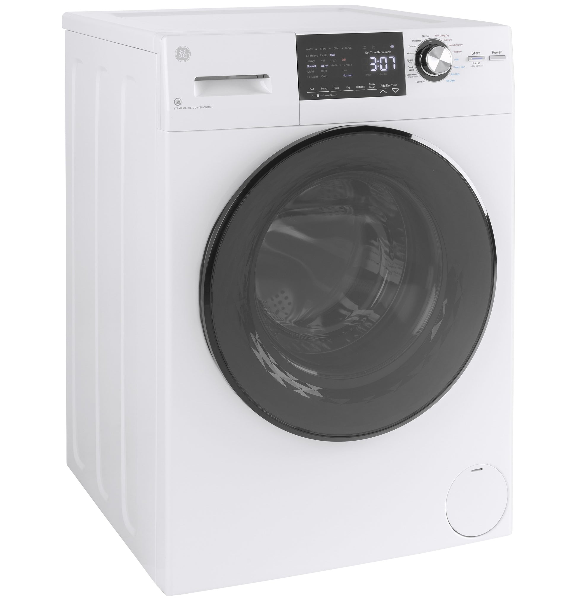 White front load washer and condenser dryer combo with large dark door and digital control panel from Front Load Washers collection