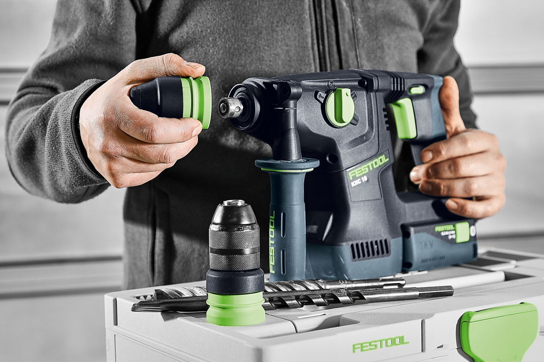 Festool cordless rotary hammer drill with green accents for woodworking and power tool use in battery powered collection