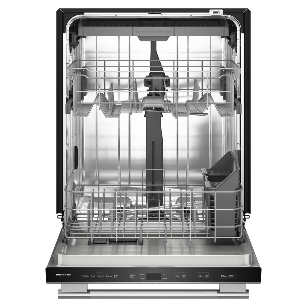 Open stainless steel dishwasher with third level utensil rack and multiple wash arms in modern kitchen appliances setting