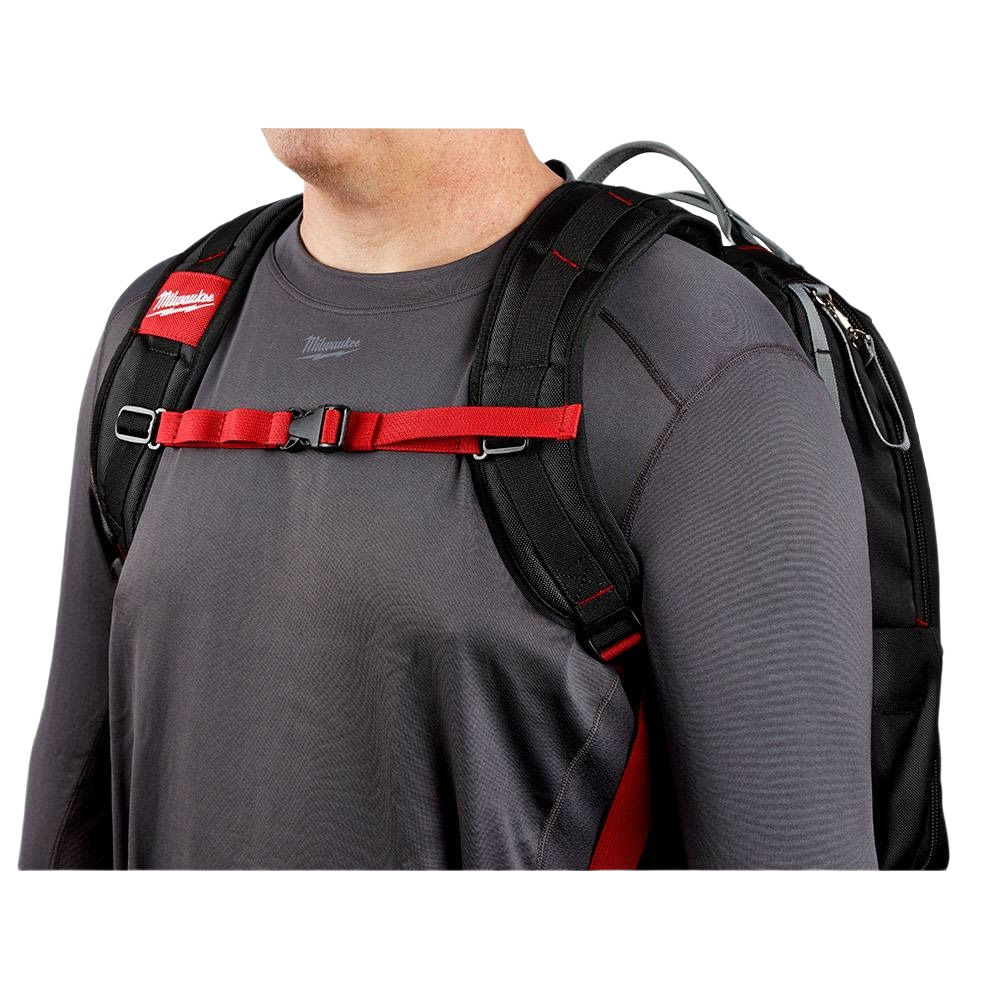 Black and red Milwaukee backpack with padded shoulder straps and chest buckle for tools and home improvement tasks