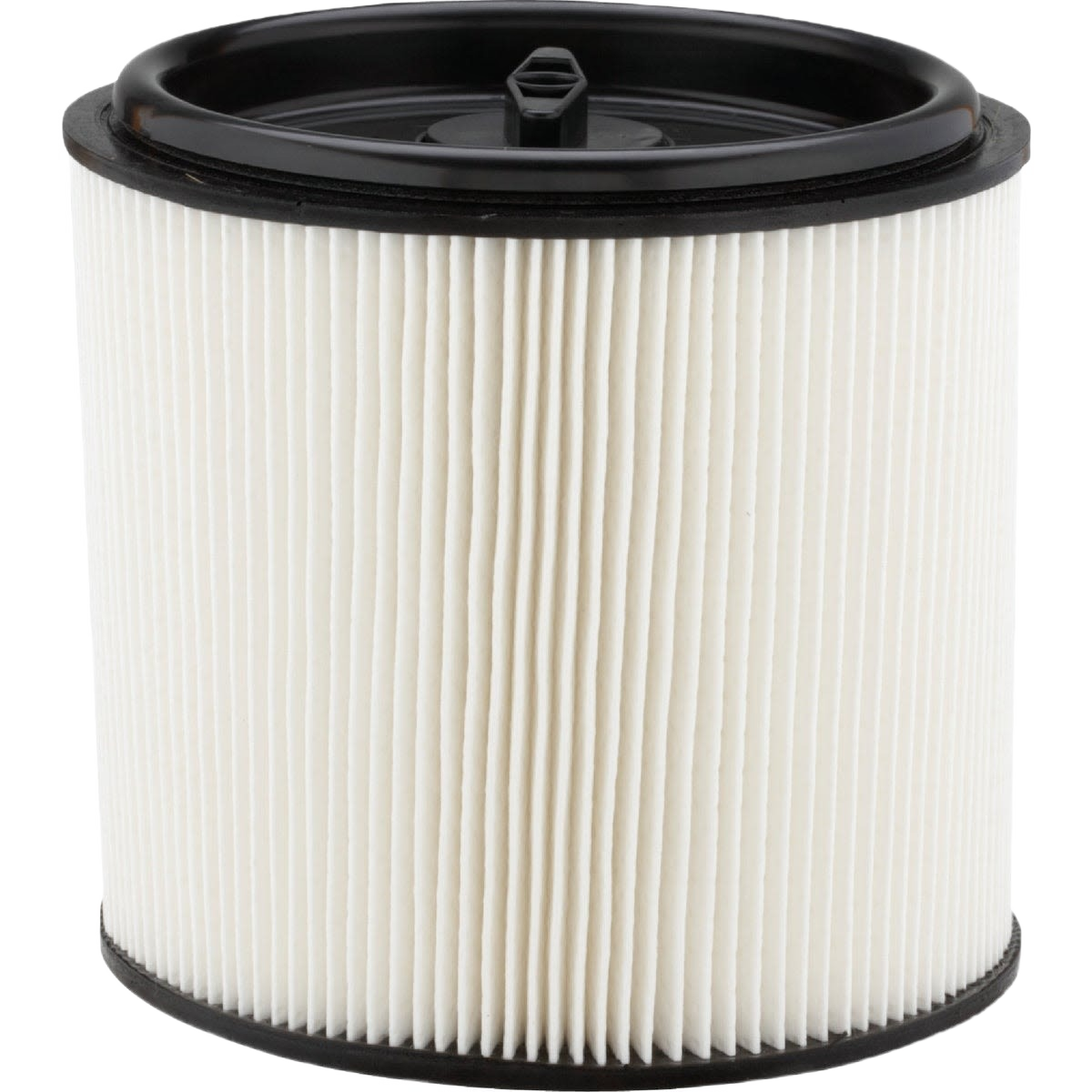 White cylindrical cartridge HEPA vacuum filter with black top and bottom for home improvement tools