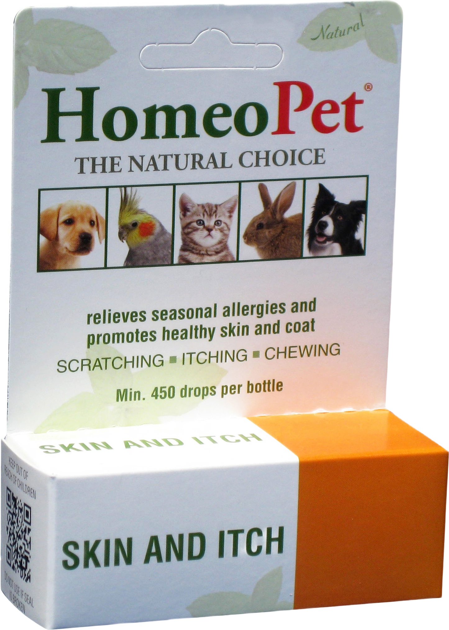 Homeopet natural remedy packaging with images of pets and text about relieving allergies and promoting healthy skin