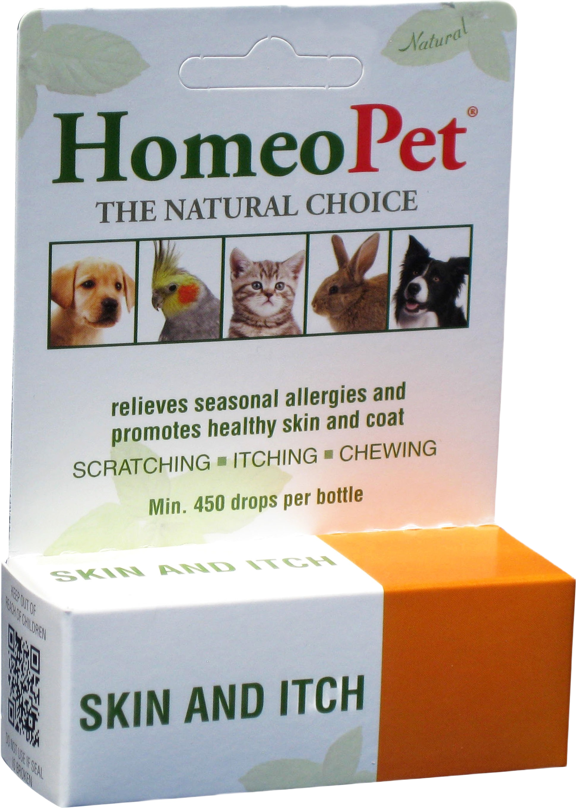 Homeopet natural remedy packaging with images of pets and text about relieving allergies and promoting healthy skin