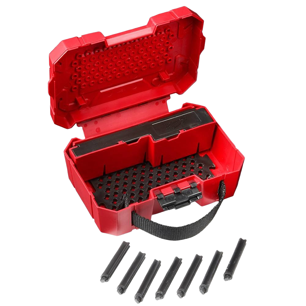 Compact red tool storage case with adjustable peg system and drill bits for woodworking and home improvement projects