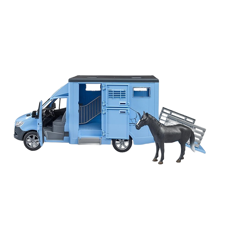 Blue toy animal transporter modeled after a Mercedes Sprinter van with black horse figure from Bruder Toys collection