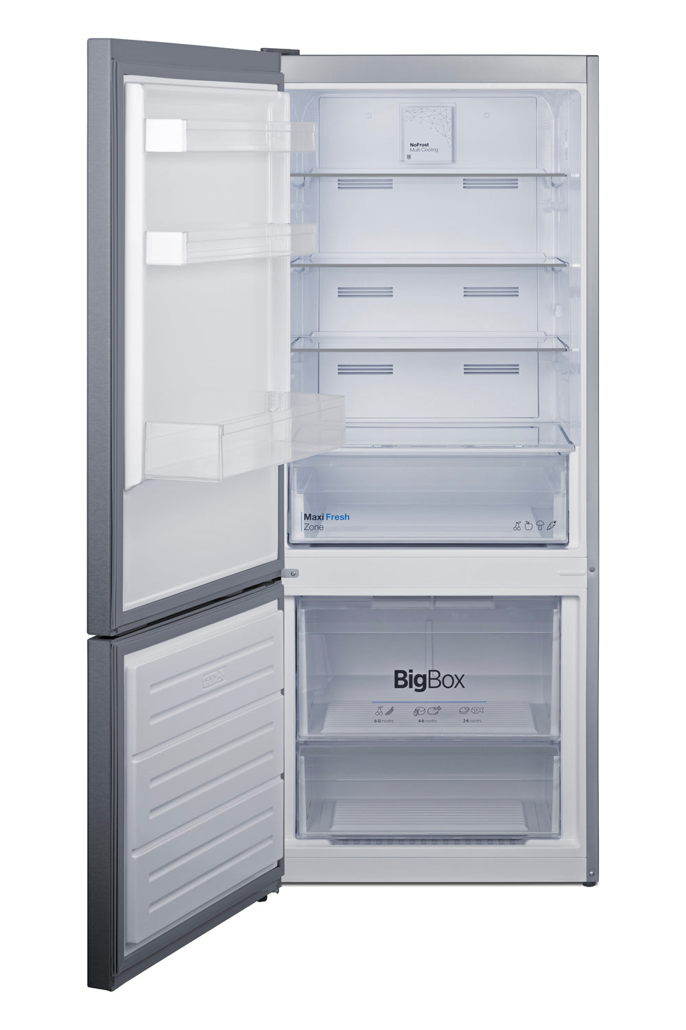 Open bottom mount refrigerator-freezer with clear shelving and storage compartments in kitchen appliance collection