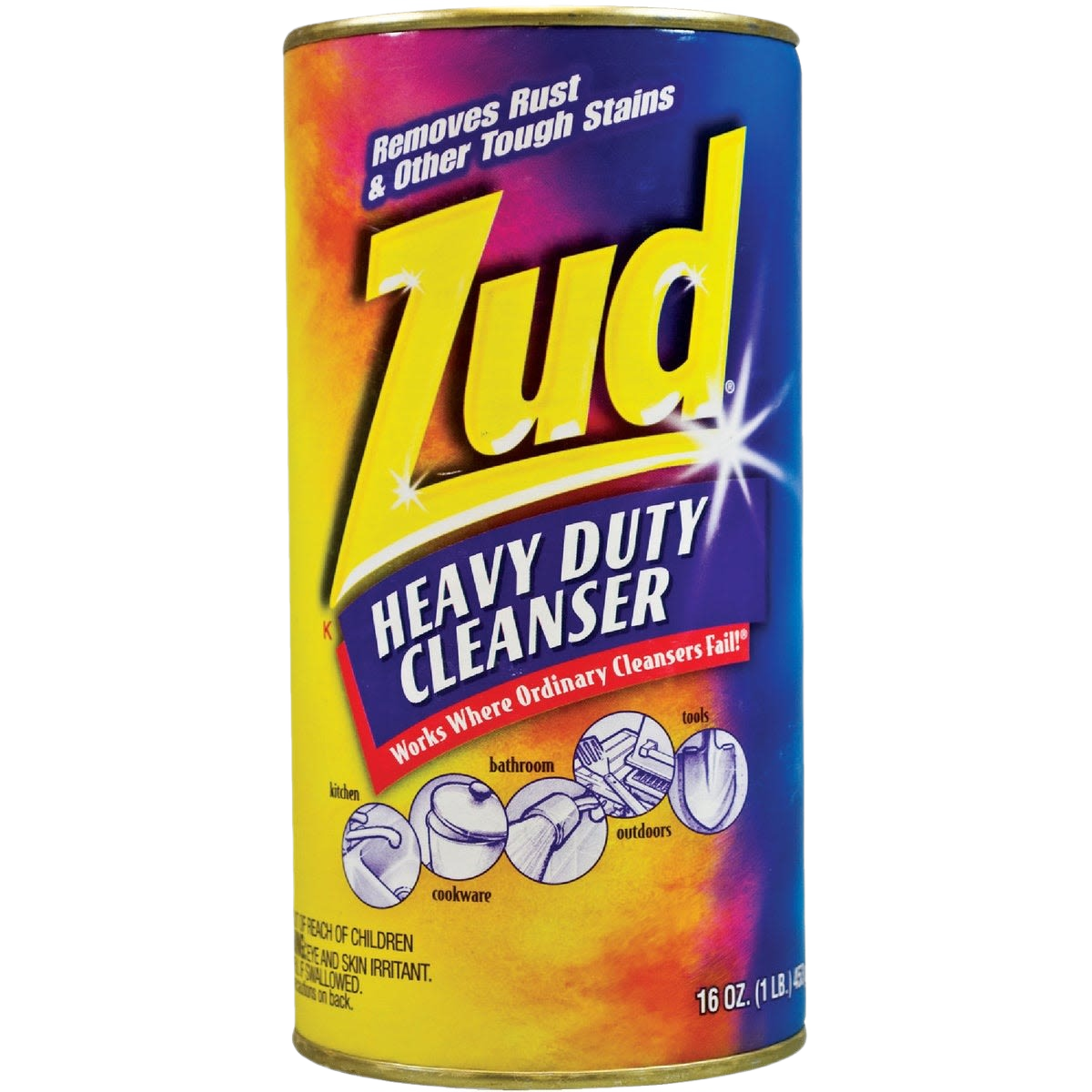Can of Zud heavy-duty cleanser for removing rust and tough stains from kitchen, bathroom, cookware, and outdoor tools
