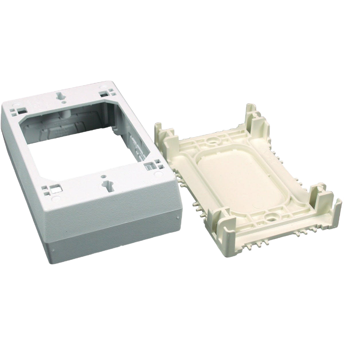 White deep outlet box with mounting bracket for electrical installations and home improvement projects