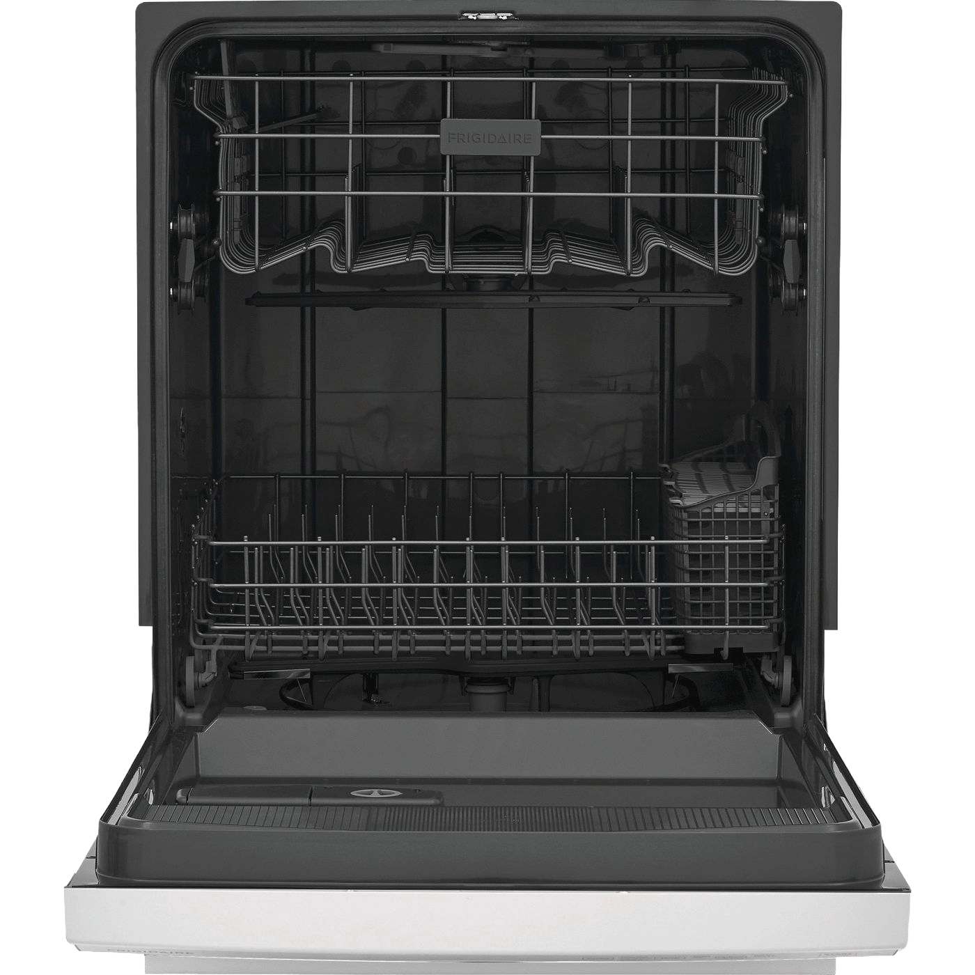Open 24-inch built-in dishwasher with black interior racks and stainless steel exterior trim in kitchen setting