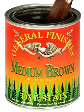 Open can of medium brown water based dye stain with wood stain brush, for home improvement and paint supplies collections