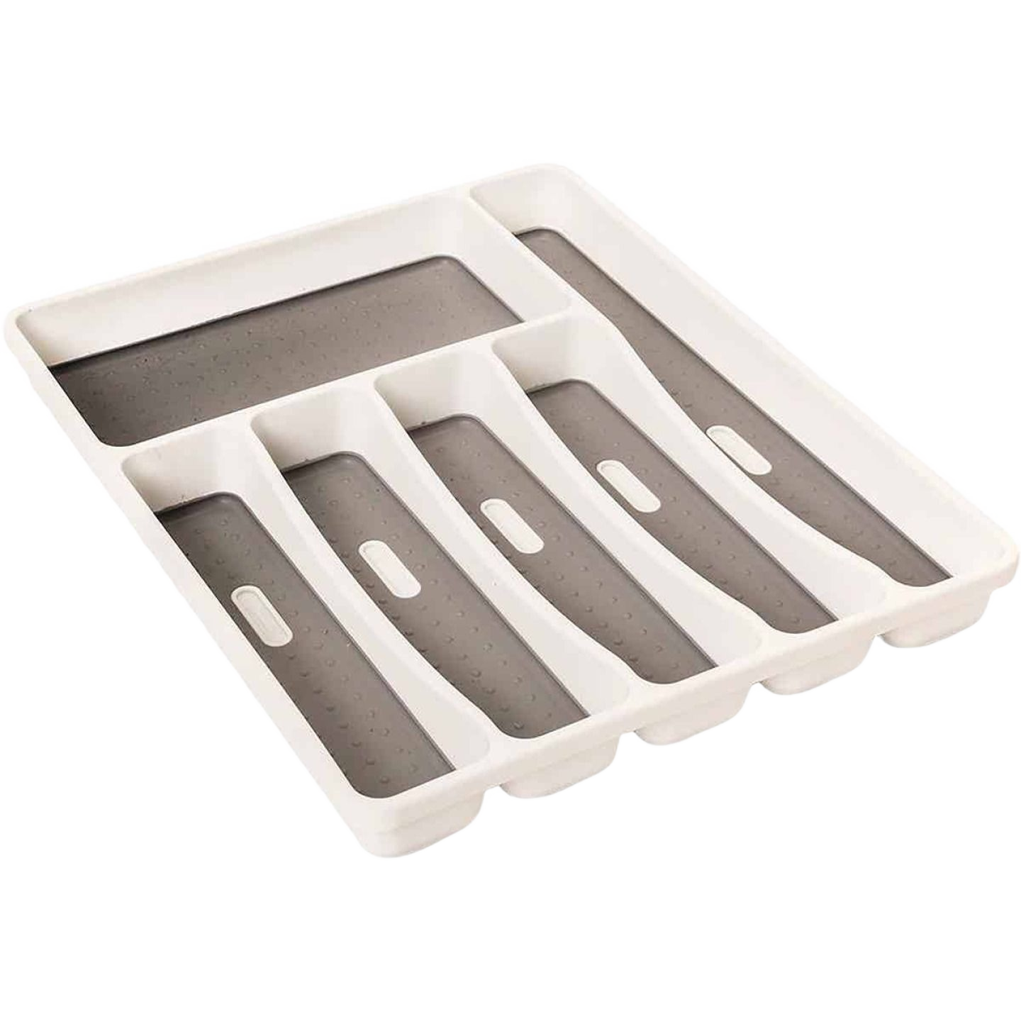 White plastic cutlery tray with six compartments for kitchen drawer storage and organization under $50 collections