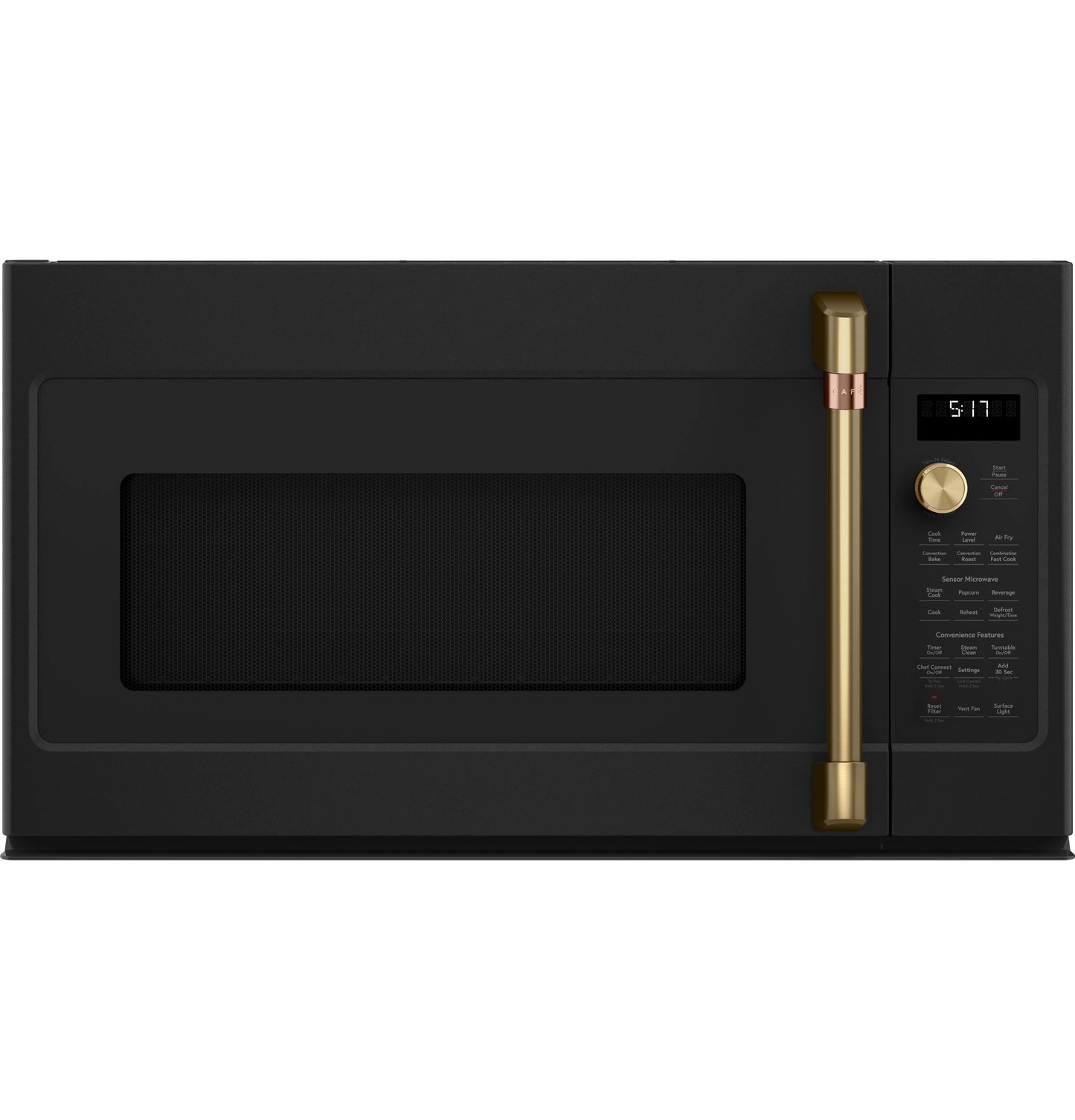Matte black over-the-range microwave with brass handle and digital control panel from kitchen appliances collection