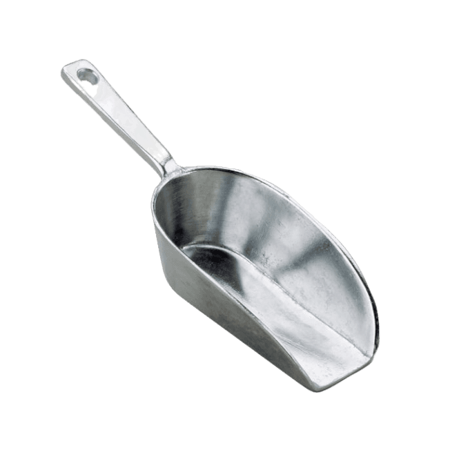 Sturdy metal food utility scoop with flat bottom and ergonomic handle for kitchenware and cooking tasks