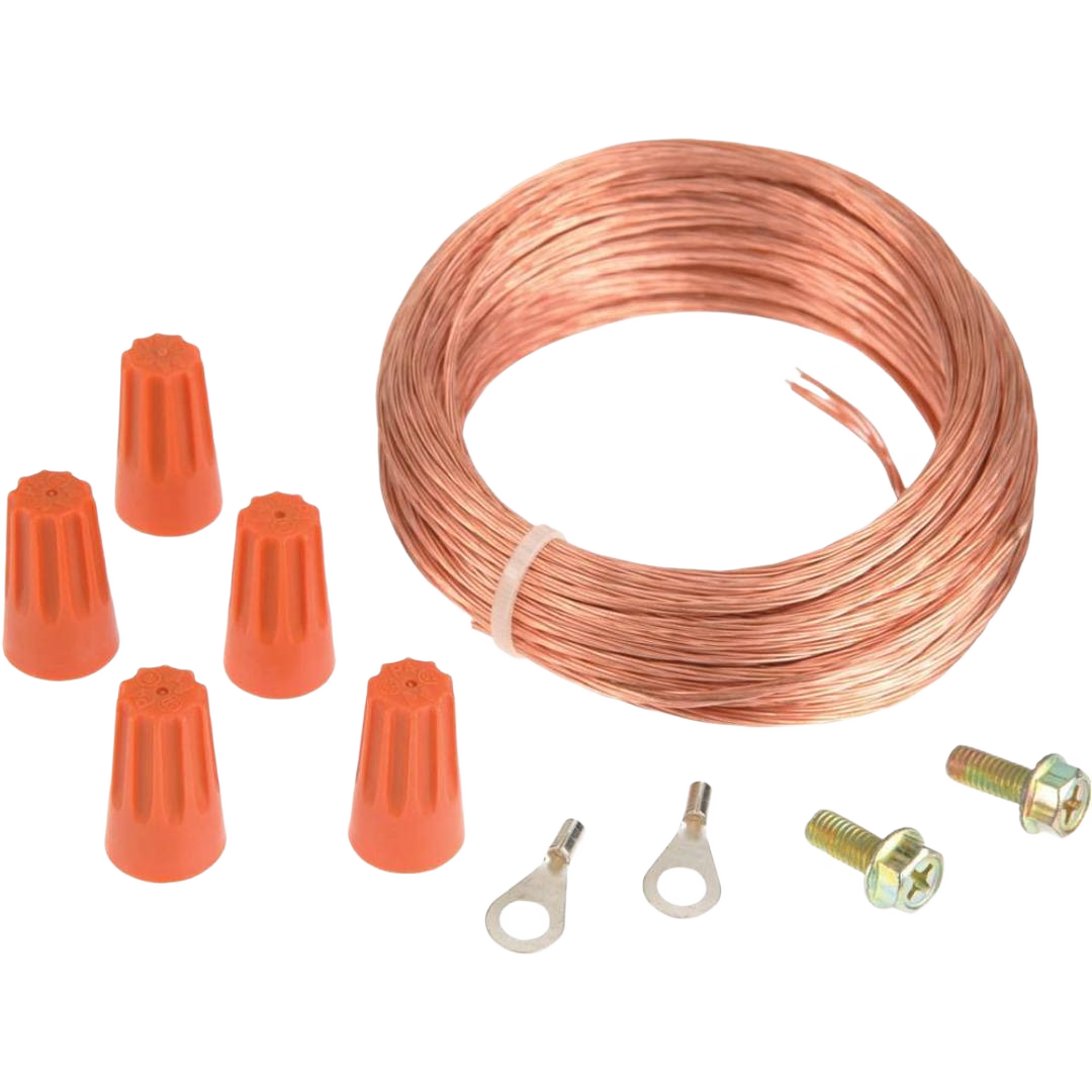Copper grounding wire coil with orange wire connectors, ring terminals, and hex bolts for woodworking and dust collector tools under $50