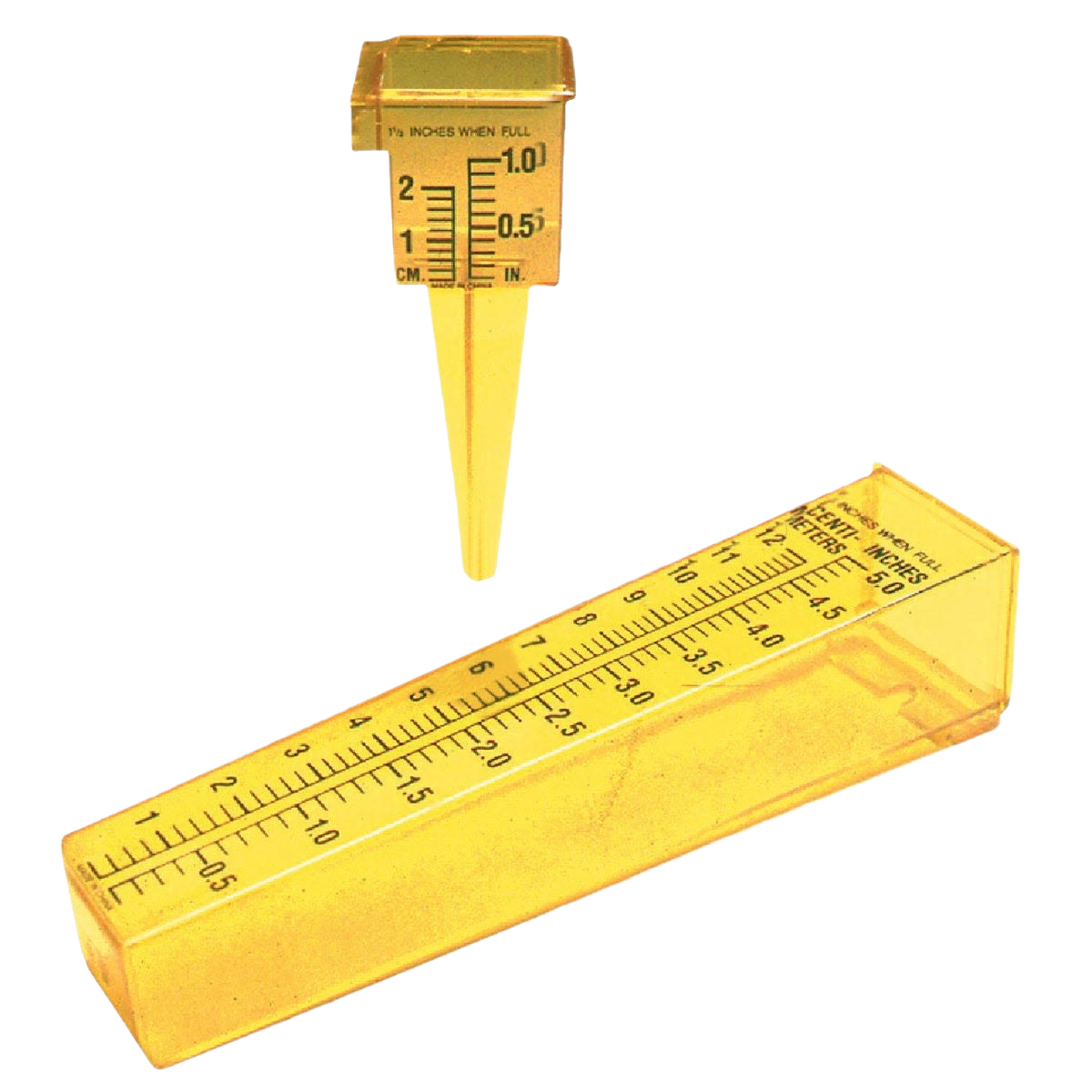 Yellow plastic rain gauge with standard and metric measurements for lawn and garden outdoor decor under $50 collection