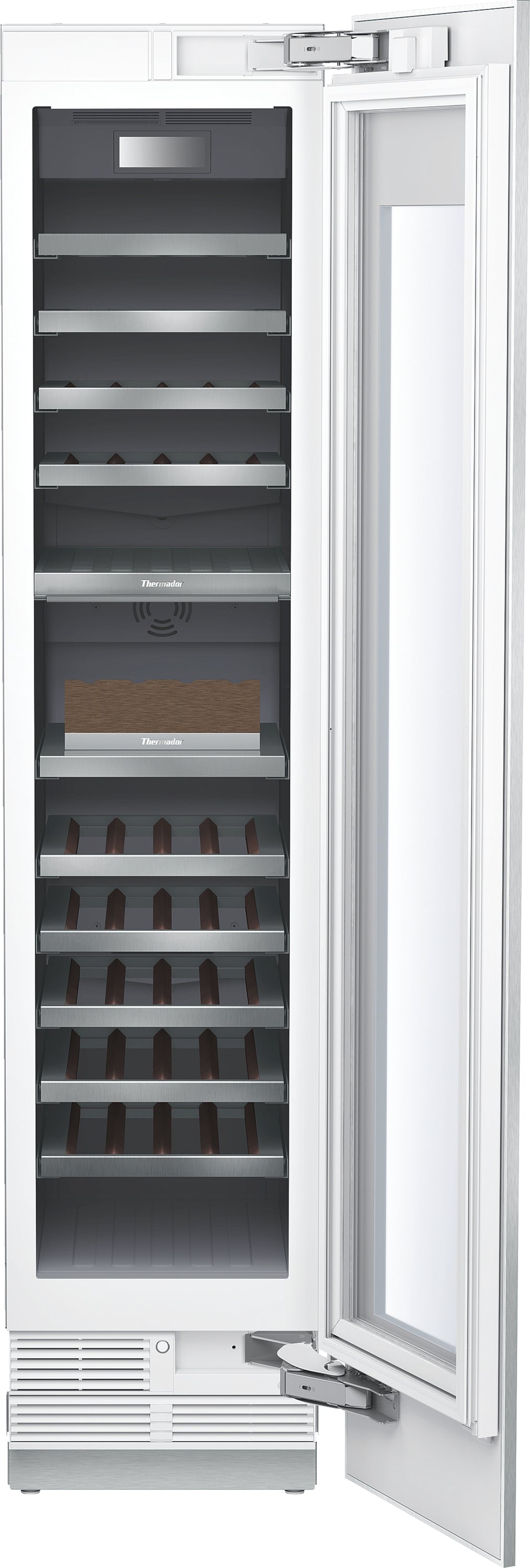Built-in panel ready wine cooler with glass door, adjustable wooden shelves, and digital temperature control in kitchen appliances collection