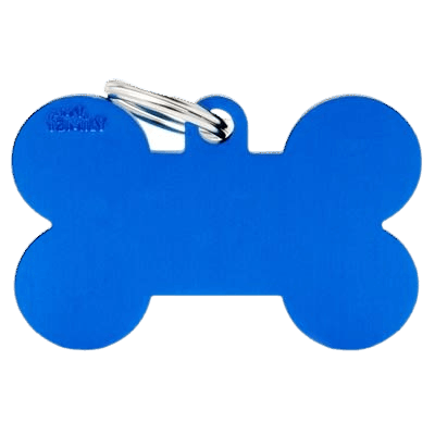 Blue anodized aluminum pet ID tag in bone shape with metal keyring for personalized pet accessories collections