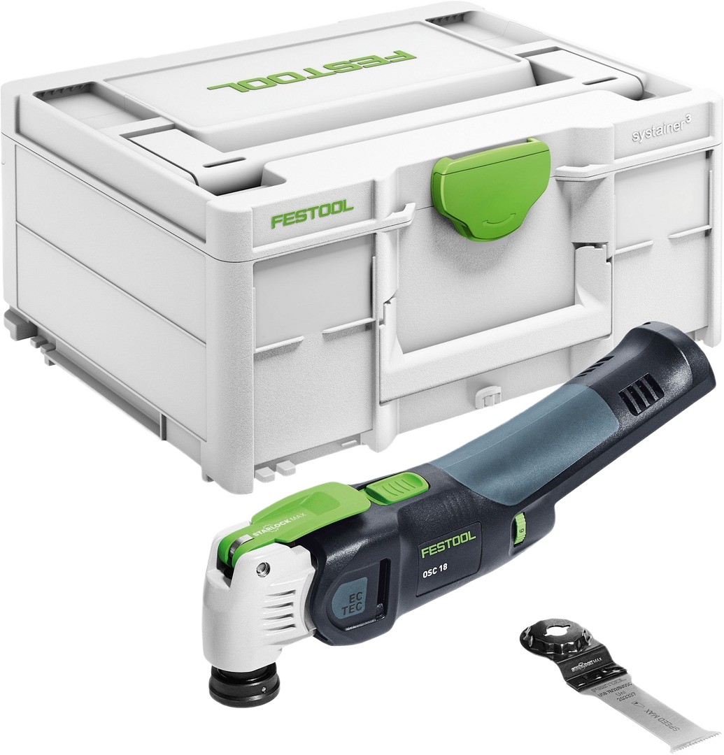 Cordless oscillating multi-tool with ergonomic grip and accessory blade, shown with branded hard storage case for tools and home improvement.