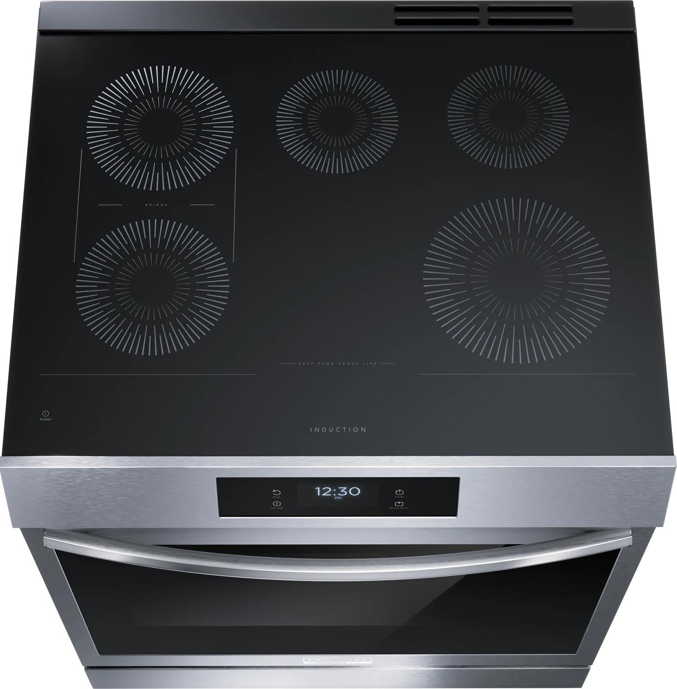 Black induction cooktop with stainless steel front control and digital display for ranges and kitchen appliances