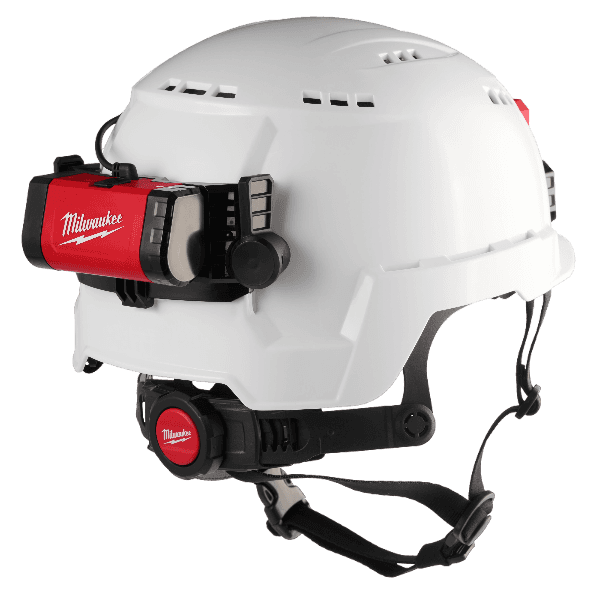 White safety helmet with adjustable black chin strap and red Milwaukee BOLT™ REDLITHIUM™ USB Headlamp for tools and home improvement tasks