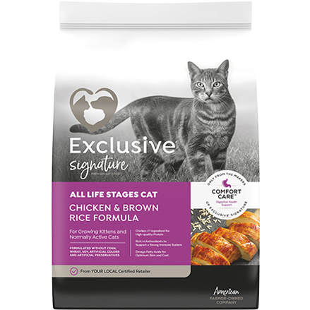 Bag of exclusive signature dry cat food with chicken and brown rice formula for cats of all life stages