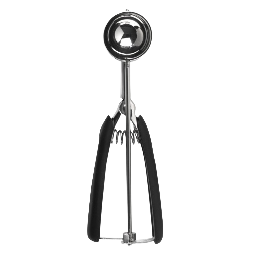 Medium-sized metal scoop with black ergonomic handles designed for precise scooping in kitchen and home improvement tasks