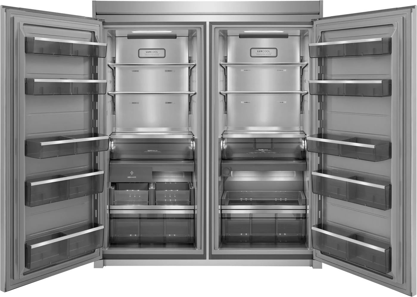 Open double-door stainless steel freezer with multiple adjustable shelves and clear door compartments in Freezers and Appliances collections