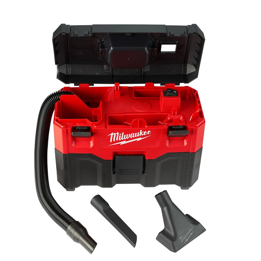 Red and black portable wet/dry vacuum with open lid and hose attachments for versatile home improvement cleaning tasks